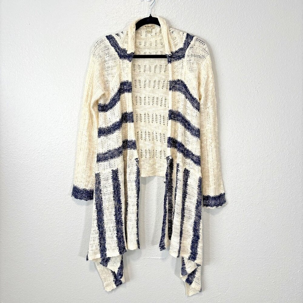 One World Open Front Knit Cardigan Cream Blue White Lace Trim Sweater Large